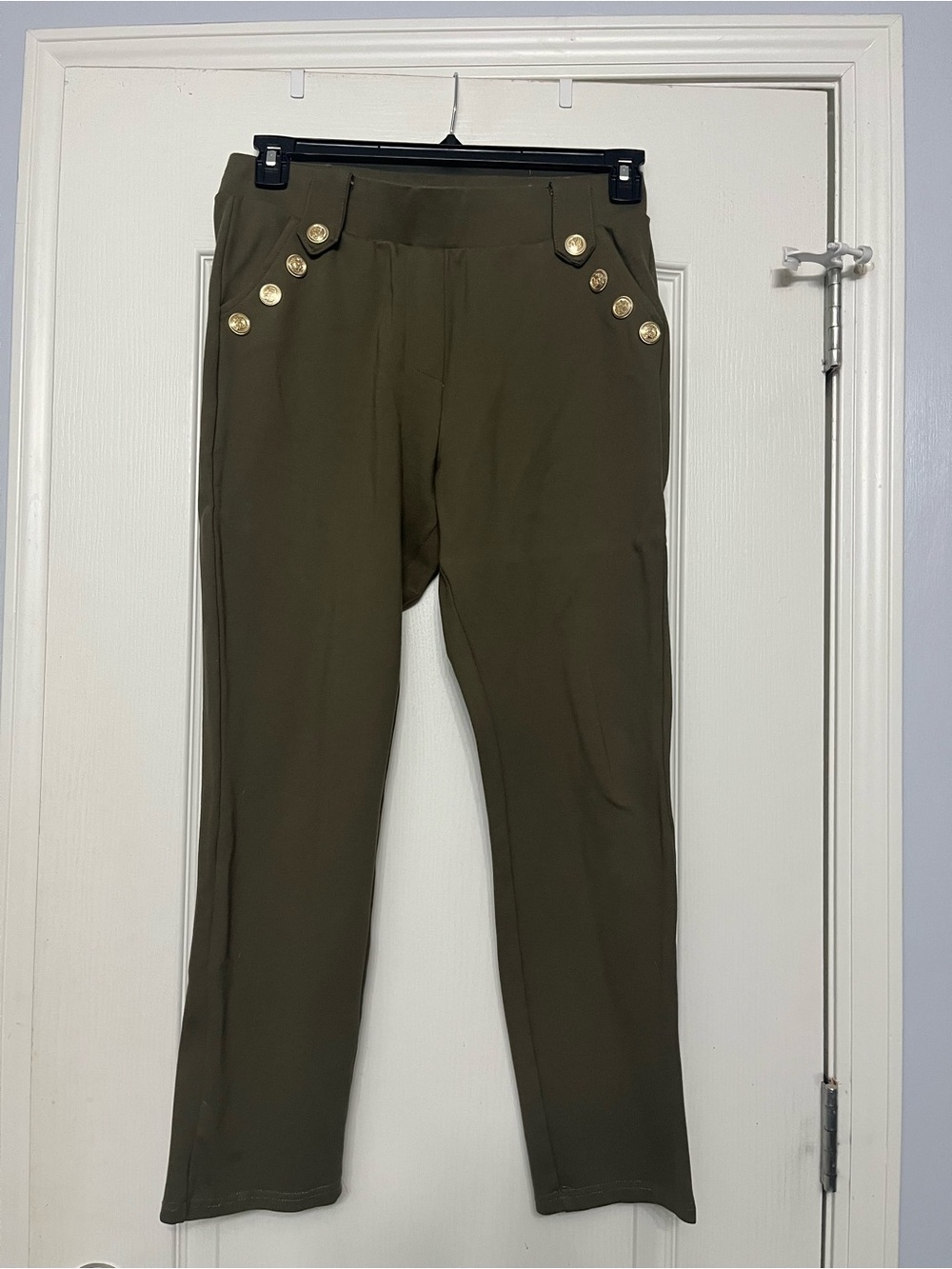 The Classic Olive Green Ankle Pants with Gold Buttons